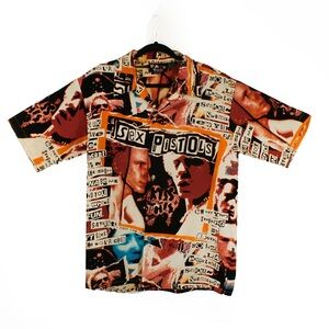 Vintage Dragonfly x Sex Pistols Punk Collage Short Sleeve Button Down Shirt Top